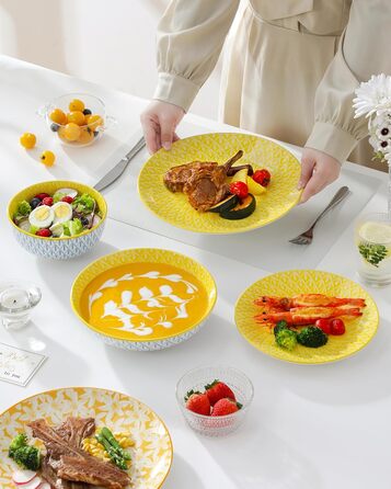 Набір посуду Vancasso Selene для 6 осіб, 24 елементи: тарілки, супові тарілки, миски, десертні тарілки. Пастельне порцелянове покриття, підходить для мікрохвильової печі.