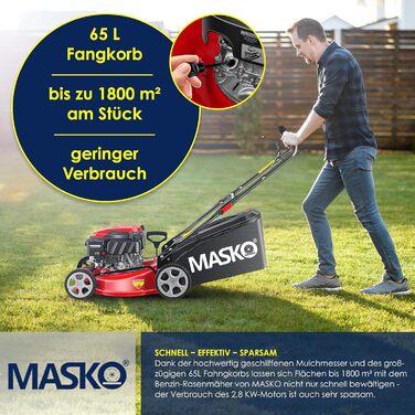 Бензинова газонокосилка MASKO® 5в1 | Ширина косіння 51 см | 8 положень висоти стрижки | 4-тактний OHV двигун 6.0 PS | Об'єм кошика 65 літрів | З набором для мульчування, бічний викид | Червоний / Чорний