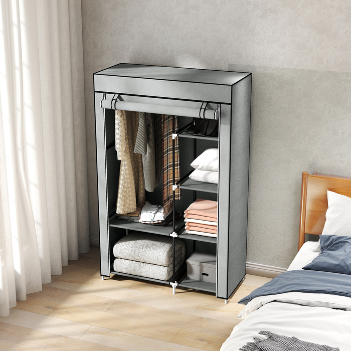 HOMCOM шафа для одягу, тканинна шафа, 6 відділень, сіра, 103x43x162,5 см, складана шафа для одягу з виглядом з флісу | Aosom