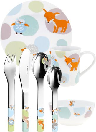 Puresigns WOODY Преміум дитячий набір столових приборів: ергономічний набір з нержавіючої сталі з мотивом лісових тварин для хлопчиків та дівчаток (7-ти елементів)