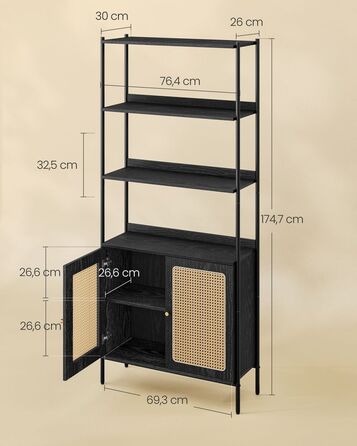 Книжкова шафа з ротанговими дверцятами benwoodчорно-матовий чорний - Ebony Black + Matte Black / PE Rattan