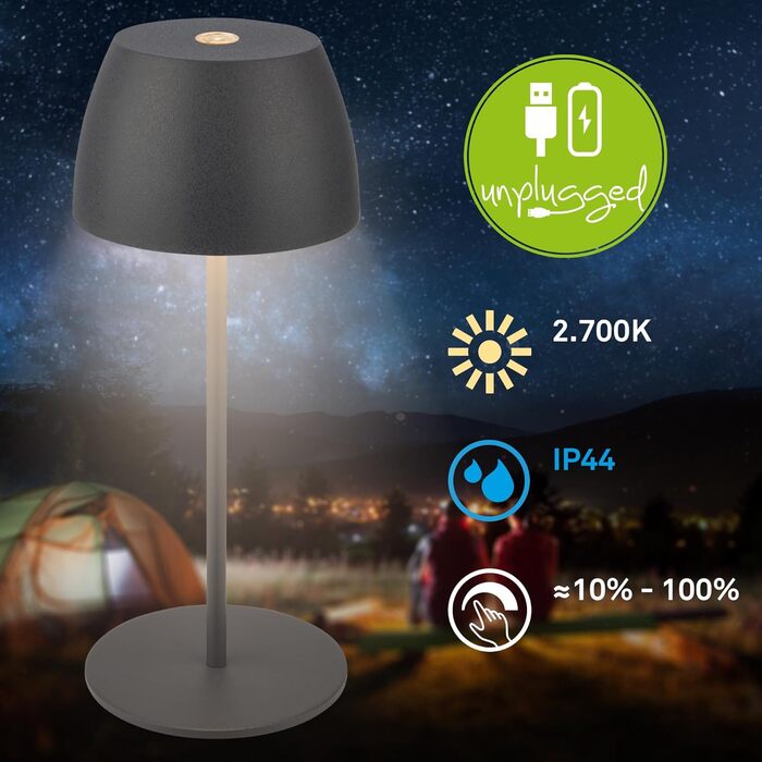 BRILONER Міні LED-лампа настільна бездротова IP44 з сенсором, регульована яскравість, акумулятор, замінне джерело світла, 8x20 см, антрацит