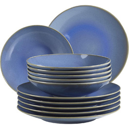 Набір тарілок для 6 осіб у вінтажному середземноморському стилі, сучасна їдальня з 12 страв з суповими і обідніми тарілками пісочно-сірого кольору, кераміка, (Світло-блакитний), 931734 Ossia