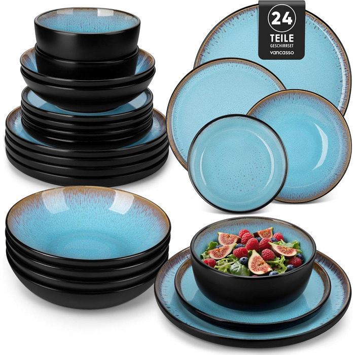 Набір посуду Steingut vancasso AMBER на 6 осіб (24 шт.) - тарілки, супові тарілки, десертні тарілки, миски, реактивна глазур, блакитний колір, придатний для миття в посудомийній машині