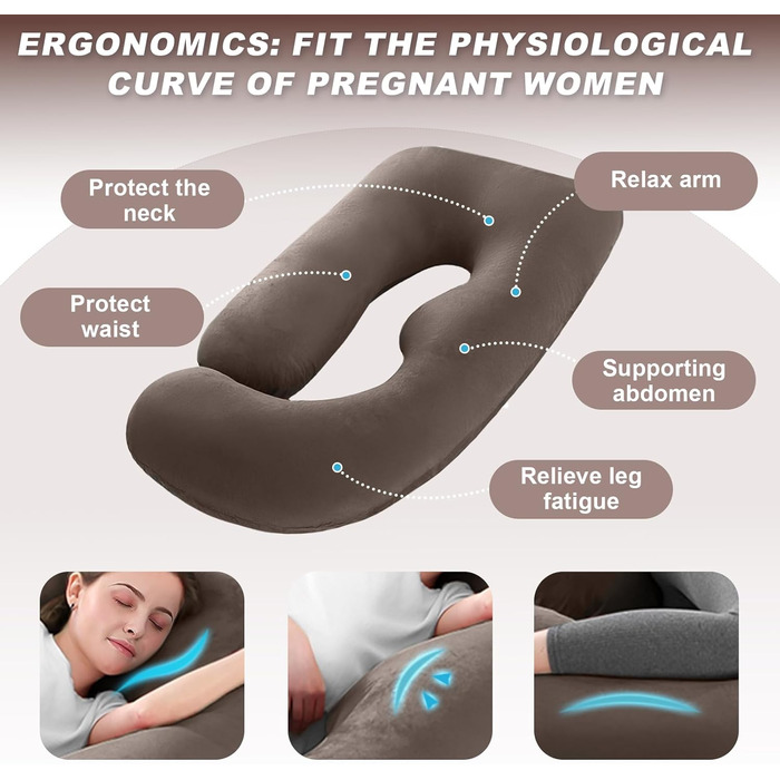 Вагітний подушка J-подібної форми, подушка для годування, подушка для підтримки тіла, подушка для вагітних знімний чохол, 140x70 см (Коричневий, Велюр)