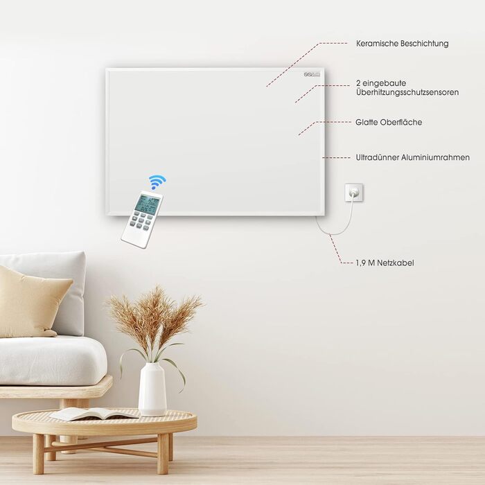 Інфрачервовий обігрівач Byecold 580 Вт з термостатом, настінний, білий + пульт, енергозберігаючий, захист від перегріву