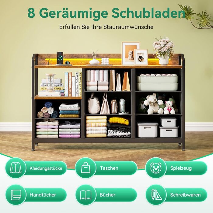 Комод ODK з висувними ящиками та LED-підсвіткою, 10 кольорів, 2 USB та 2 розетки, 8 тканинних ящиків, для вітальні/спальні, 110x30x88 см, вінтажний стиль