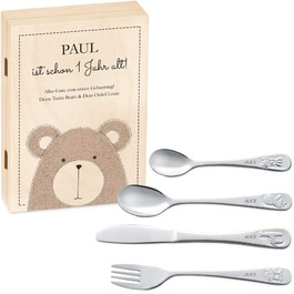 Набір дитячого столового прибору Maverton Kinderbesteck Set з гравіюванням та дерев'яною коробкою з написом - з нержавіючої сталі, з зображенням тварин, 4-х частинний, персоналізований, коричневий - подарунок на день народження, хрещення, народження - ведмедик