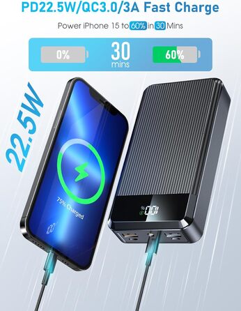 МАг Power Bank PD 22,5 Вт, 2 кабелі та 5 портів, світлодіодний індикатор, ліхтарик, чорний, 40 000