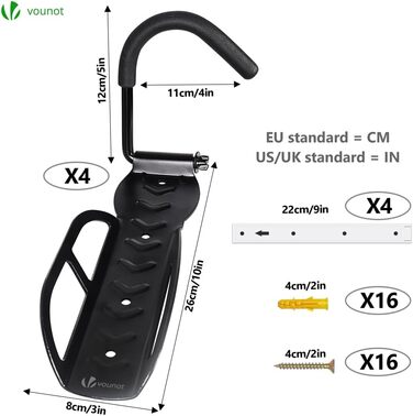 Настінний набір велосипедних стійок VOUNOT з 4 шт. , настінний кронштейн для велосипеда Кронштейн для велосипеда сталевий, кріплення для велосипеда для підвішування, ідеально підходить для гаража або підвалу, чорний