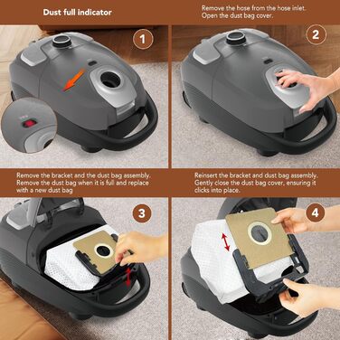 Пилсос Akitas 900W з мішком – мережевий кабель 7 м, радіус дії 10 м, тиха робота 70 дБ, додаткова насадка для підлоги, регульована потужність, велика ємність, для твердих підлог та килимів (C11 Trubo)