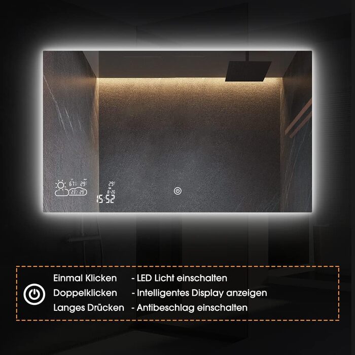 Дзеркало для ванної кімнати LED Byecold з підсвічуванням, 60x80 см, з Wi-Fi, погода та дата, сенсорне управління