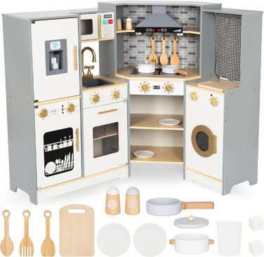 Дитяча дерев'яна кухня Mamabrum XXXL з LED-підсвічуванням та аксесуарами: мікрохвильова піч, посуд, столові прибори. Ігровий набір для дітей 3+