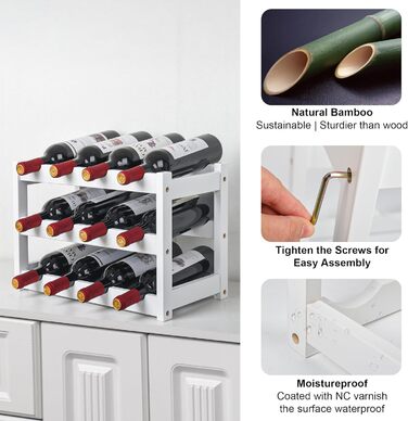 Стійка для вина VASMIA з бамбука, 3-ярусна, на 12 пляшок, для кухні/комори, білий колір