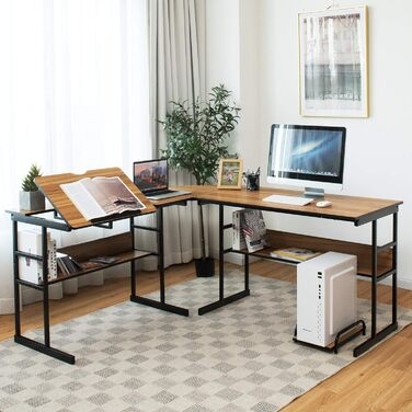 Подібний стіл COSTWAY, дерев'яний кутовий стіл з відкидною стільницею, нижньою книжковою шафою та підставкою для процесора, креслярський стіл Комп'ютерний стіл для домашнього офісу, 170 x 150 x 75 см (горіх)