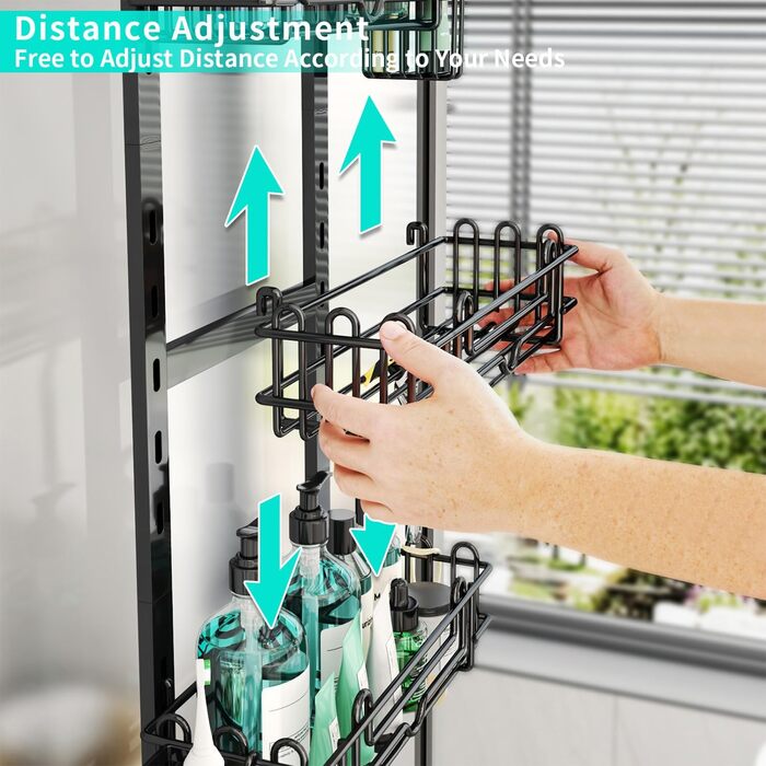 Підвісна полиця для душу HapiRm, регульована, 5 кошики, без свердління, з мильницею і гачками, для скляних та ванних дверей, чорна