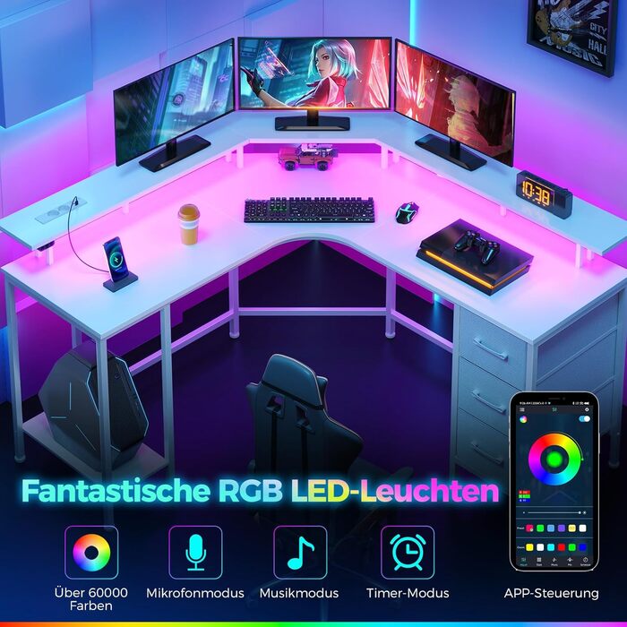 Ігровий кутовий стіл Seventable L-подібної форми з LED підсвіткою, розетками та 3 текстильними висувними ящиками, білий, 135x135x88 см