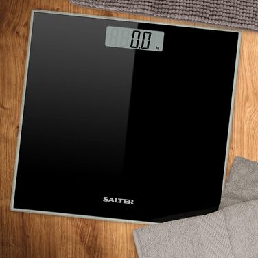 Цифрові ваги для ванної кімнати Salter SA00287 BAFEU16 - скляні ваги для ванної кімнати, 180 кг, РК-дисплей, що легко читається, чорний дизайн, батареї в комплекті, миттєве вимірювання ваги (чорний)