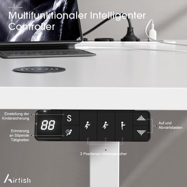 Електричний стіл Airfish з регулюванням висоти (140x70 см) з бездроговою зарядкою, комп'ютерний стіл, пам'ять на 3 функції, нагадування про відпочинок, білий. Також доступний розмір 180x80 см.