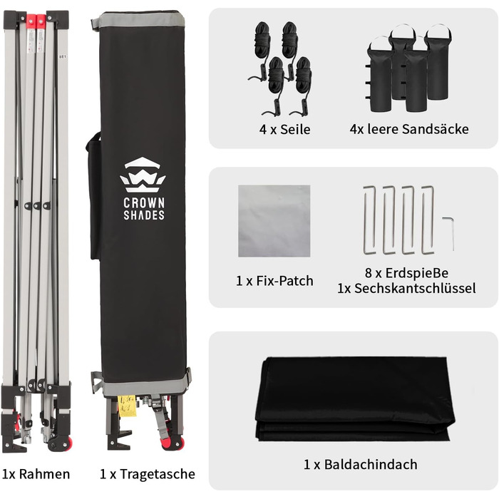 Павільйон CROWN SHADES 3x3: Водостійкий, стабільний, зимостійкий, захист від сонця UV 50+, для кемпінгу та відпочинку на природі, з регулюванням висоти, у комплекті сумка (чорний)
