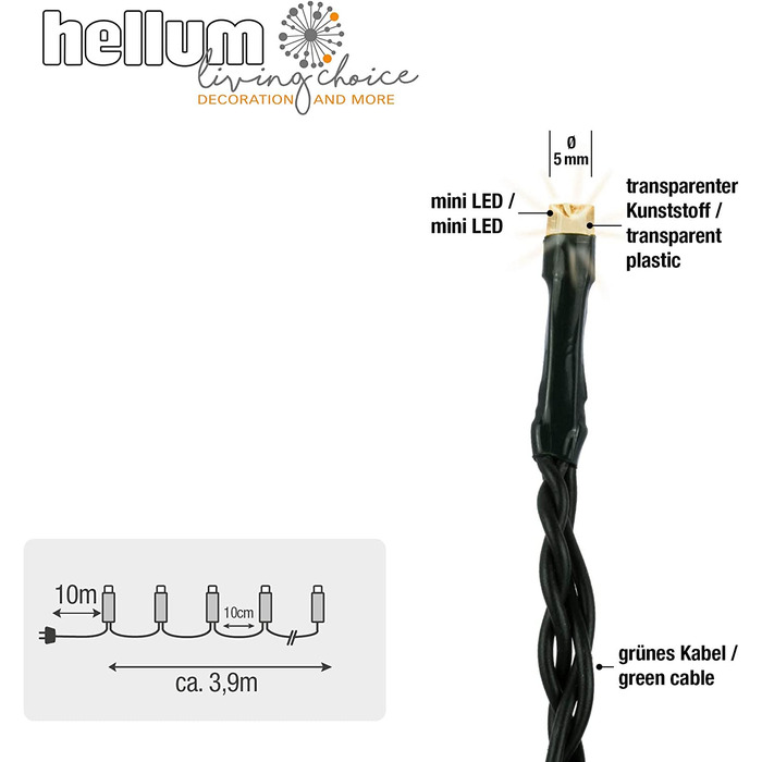 Світлодіодна гірлянда HELLUM зовні з таймером I 19,9 М 200 світлодіодів I тепла Біла гірлянда I Світлодіодна гірлянда з живленням від вилки I освітлення різдвяної ялинки з зеленим проводом I 577389 (теплий білий світ / зелений провід, 40 світлодіодів / пі