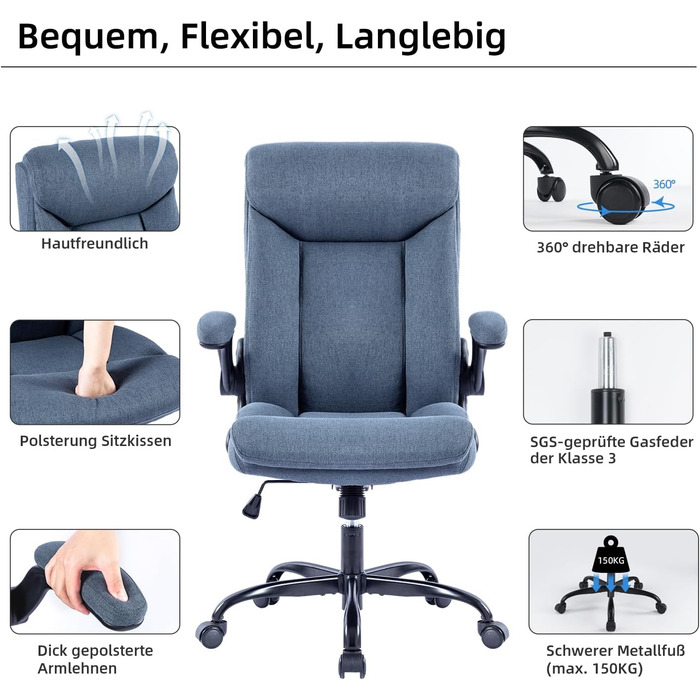 Ергономічне крісло для офісу, комп'ютерне крісло, обертове крісло для роботи з підйомною підлокітником, регульоване по висоті, зручне для офісу, дому, геймінгу (темно-синій), тканина блакитна