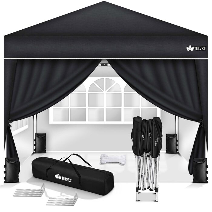 Павільйон Tillvex водовідштовхувальний з 4-ма мішками з піском | Pop-Up павільйон, стабільний та регульований по висоті | Садовий намет з UV захистом 50+ | Павільйон для вечірок з сумкою для саду (антрацит) (3x3м з 4 боковинами, 3 x 3 м, чорний, з 4 стінк
