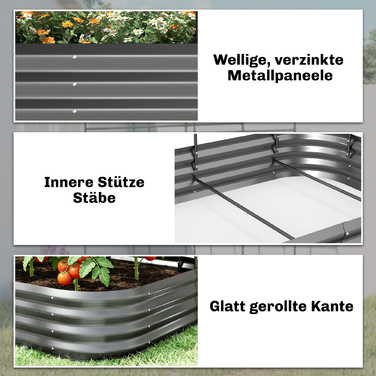 Підвищене грядка з шпалерою, металевий ящик для рослин з захисним бордюром та рукавичками, 220 x 110 x 150 см, темно-сірий
