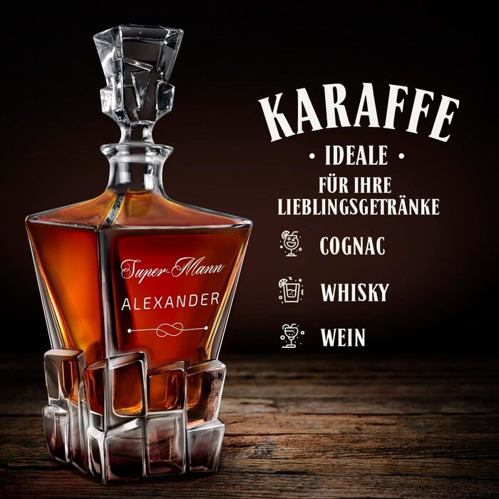 Мавертон Карафа для віскі 950 мл + Набір з 6 склянок для віскі з гравіюванням - Декантер для віскі - Подарунок на Різдво - Люксовий дизайн - Крісталльне скло - для чоловіків на день народження