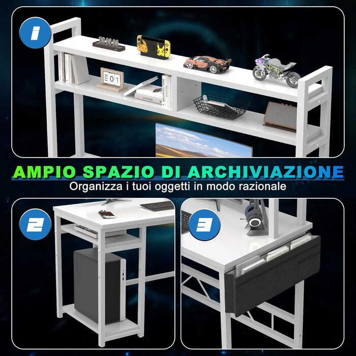 Ігровий стіл Devoko L-подібної форми з LED-підсвічуванням, 140 x 120 см, з 2 розетками та 2 USB-портами, з полицями для зберігання, білий