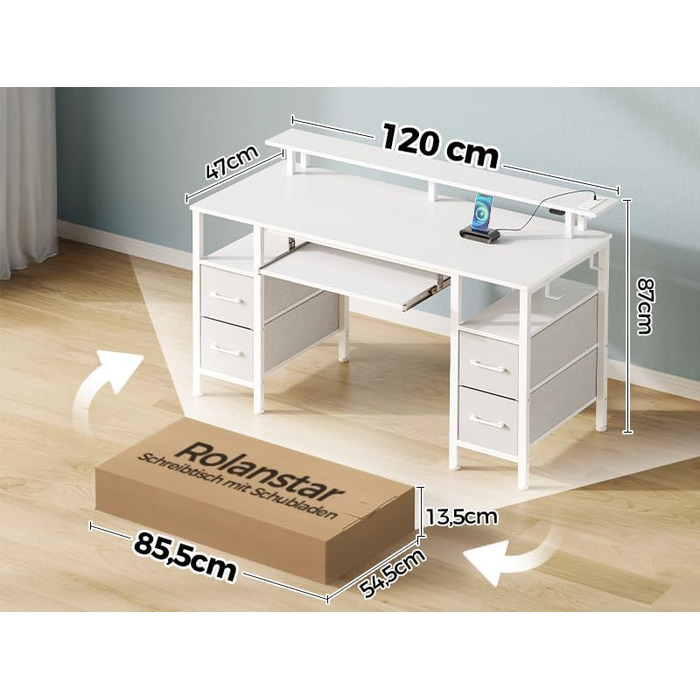 Стіл Rolanstar з шухлядами, 120x47 см, ігровий стіл з розеткою, LED-підсвітка та підставка для монітора, стіл для комп'ютера з підставкою для клавіатури, білий