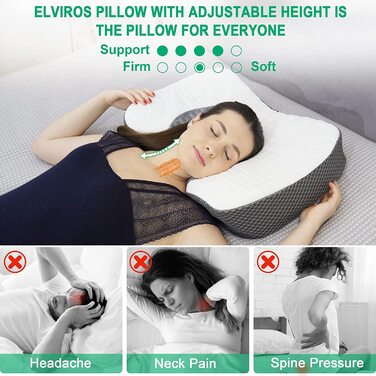 Ортопедична подушка Elviro  з піни з ефектом пам'яті знімний ергономічний шийну хустку для зняття болю в шиї і плечах Подушка для підтримки шиї для тих, хто спить на боці, темно-сірий Темно-сірий 60 x 38.6 x 9.9 / 13.5 см