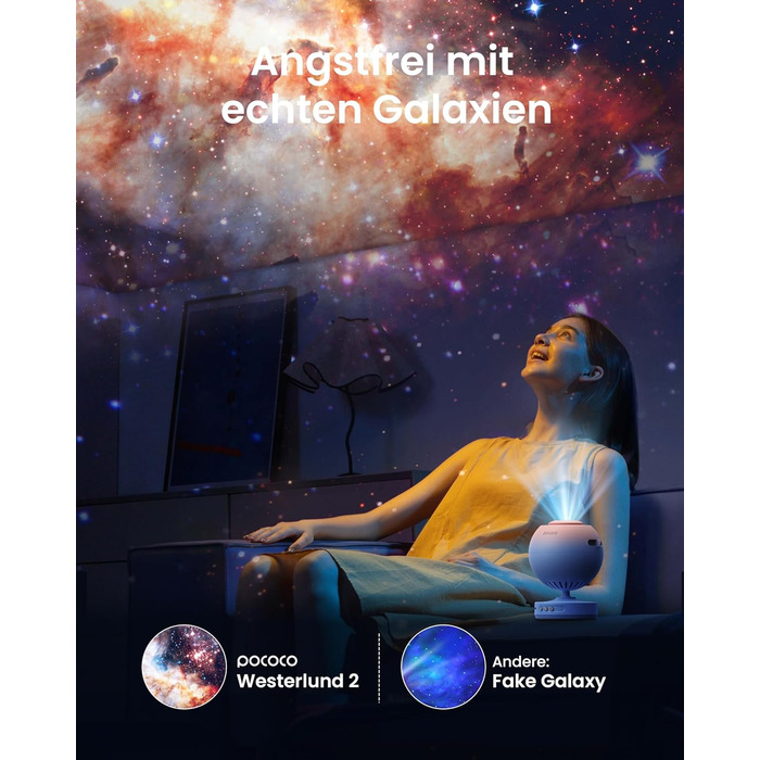 Проєктор зоряного неба POCOCO Sternenhimmel: LED-проектор галактики, планетарій для дітей та дорослих, нічник з ауророю, 2 диски, таймер, рожево-блакитний