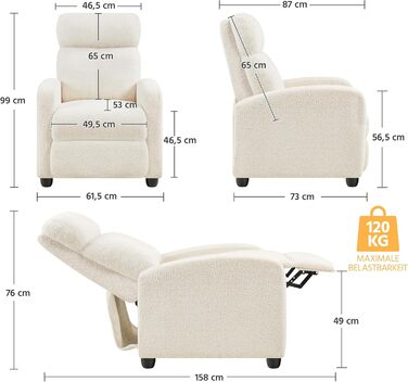 Крісло-релакс Yaheetech з регульованою підніжкою, крісло для телевізора, крісло-ліжак з тканини Boucle, колір слонова кістка