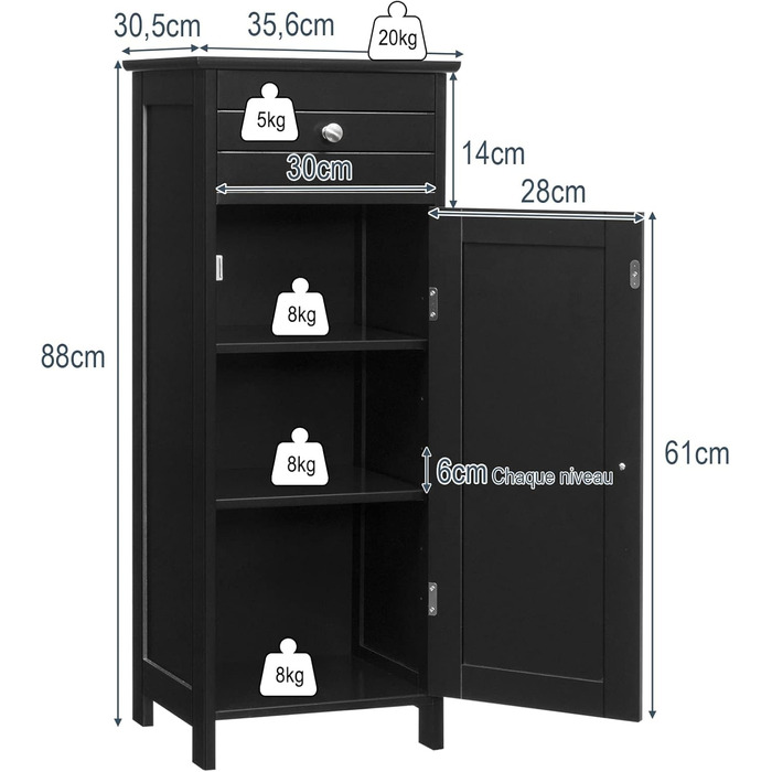 Тумба для ванної кімнати з ящиком і 3 полицями, компактна, 35.5x30.5x88 см (Чорна)