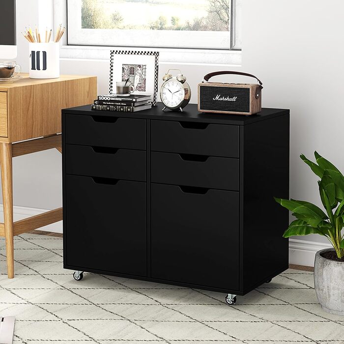 Шафа для документів Komfotteu з 5 колесами, контейнер на коліщатах з 4 шухлядами та 2 дверцятами, дерев'яний офісний контейнер, шафа для документів, візок для офісу, стіл для принтера для офісу, вітальні (Білий) (Чорний)