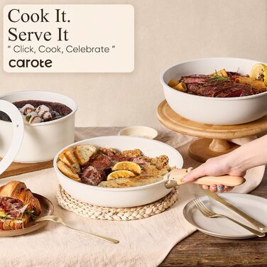 Набір посуду CAROTE 19 предметів: каструлі та сковорідки з антипригарним покриттям, знімні ручки, для індукційних плит, духовка, білий/кремовий