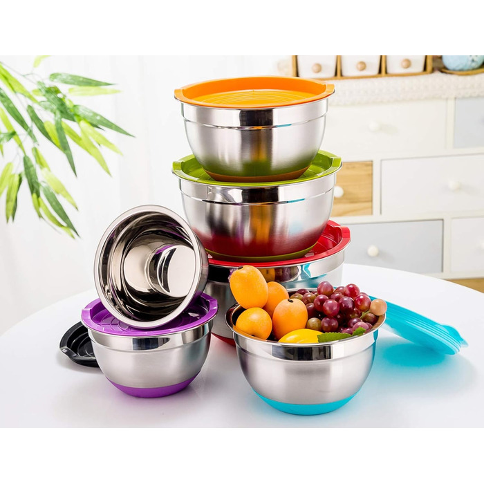 Набір салатниць TEAMFAR 6 шт. з нержавіючої сталі з кришками та силіконовими ніжками, 0.7L/1.5L/1.6L/2.5L/2.8L/4.6L