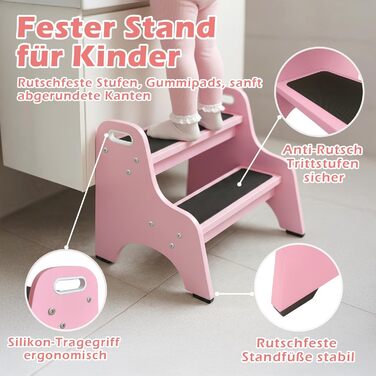 Дерев'яний дитячий стільчик Tritthocker з 2 сходинками, неслизький, для ванної та кухні, скандинавський дизайн, колір: натуральний (рожевий)