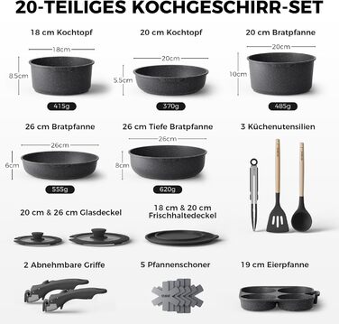 Набір каструль та сковорідок YASHE 20 предметів з знімними ручками, антипригарне покриття, для індукційних плит, термостійкий до 230°C, можна мити в посудомийній машині, складається, сірий та білий (сірий)