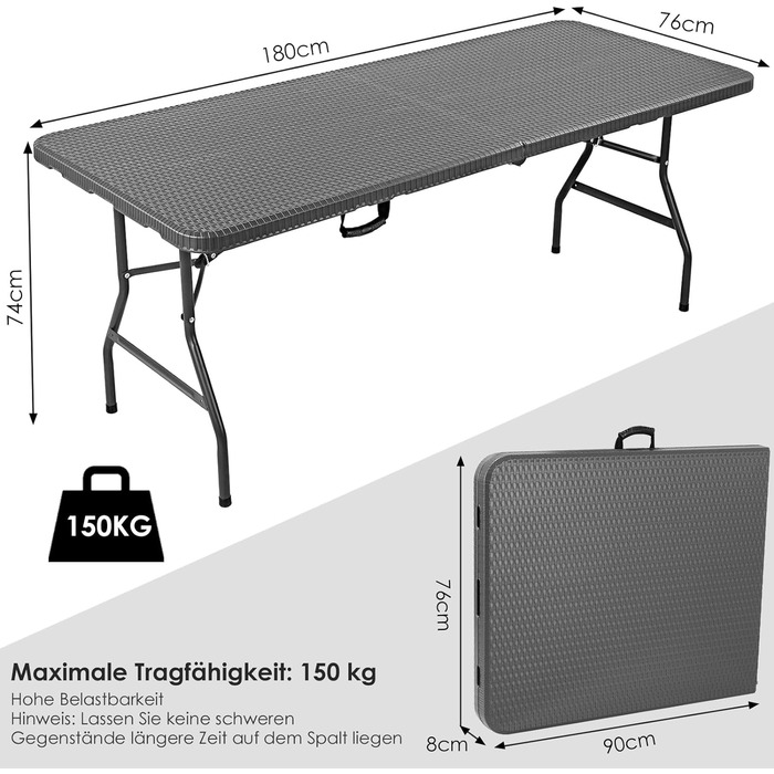 Садовий стіл складний 180x76 см, фуршетний стіл складний пластиковий, розкладний стіл з ручкою для перенесення, кемпінговий стіл на 10 осіб, стійкий до погодних умов Портативний стіл для вечірок для балкона садової тераси, ротанг до 150 кг виглядає темно-