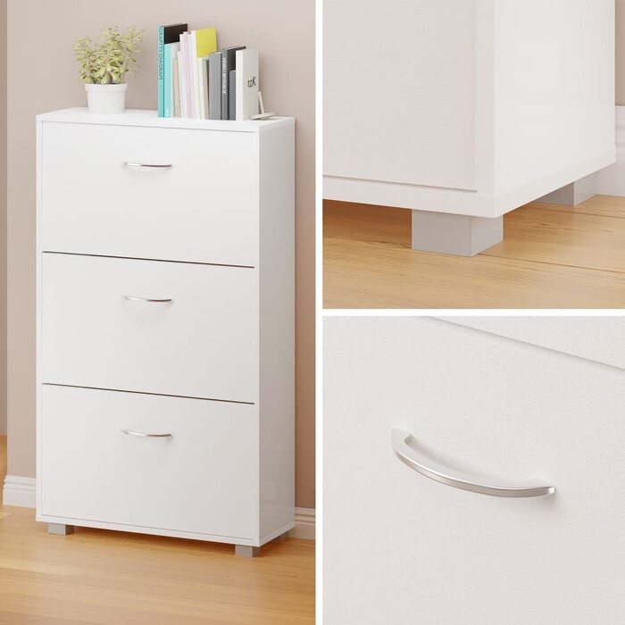 Шафа для взуття Casaria® на 18 пар, 115x60x25 см, 3 дверцята, дерево бук, білий колір, з блокуванням від перекидання