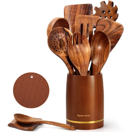 Набір кухонного приладдя Spardar з дерева, 12 шт: ложки, шумовки, підставка, рукавиці. Колір: помаранчевий, коричневий