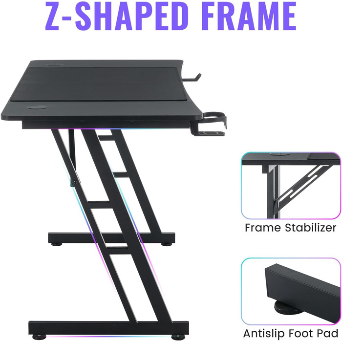 Ігровий стіл Kidsgigglz з LED-підсвічуванням, 120 x 60 см: ергономічний стіл для дому, офісу, кутовий комп'ютерний стіл з тримачем для напоїв та гачком для навушників (140 x 160 см - Z-подібна рама)