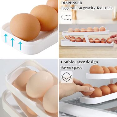 Підставка для яєць для холодильника, складна підставка для яєць, двошарова підставка для яєць, автоматичний дозатор для яєць, компактна підставка для яєць для холодильника (біла)