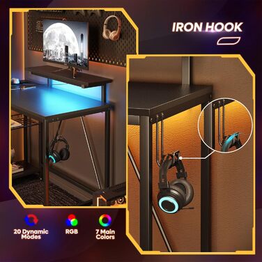 Ігровий кутовий стіл Bestier L-подібної форми з LED-підсвічуванням, розетками, 2 полицями та гачками – кутовий стіл для комп'ютера, офісу, спальні та геймінгу 106 x 80 см, 3D-вуглецеве волокно чорного кольору