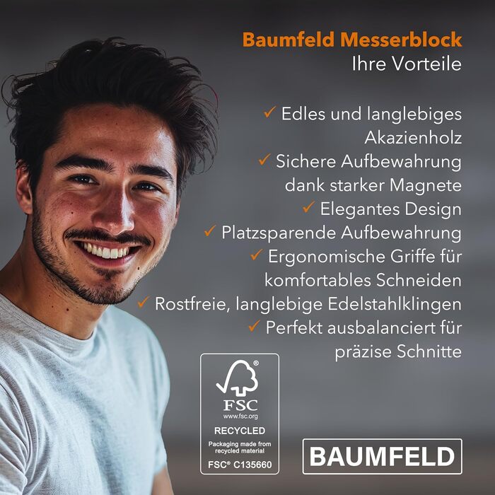 Набір ножів у блоці (6 шт) з нержавіючої сталі преміум-класу. Кухонні ножі з магнітним блоком з акації. Професійний набір кухонних ножів з нержавіючої сталі, сріблястого кольору.