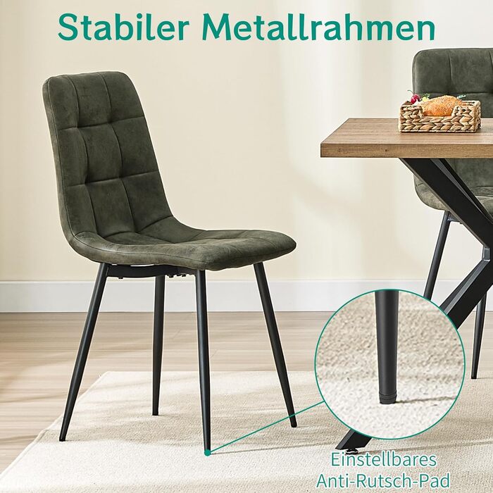 LEWE Комплект обідніх стільців для кухні та вітальні, зелені. Сучасні стільці з металевими ніжками та м'яким сидінням з технічної тканини (2 шт.)