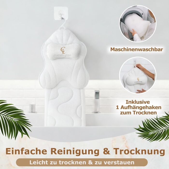 Подушка для ванни повномірна (126x41 см) з підголовником (13 см) для підтримки шиї, спини та ніг - біла, тепла біла