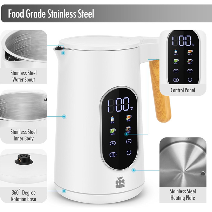 Електричний чайник ForMe з нержавіючої сталі, 1.7 л, регулювання температури 40-100°C, LED дисплей, функція підтримання тепла, BPA Free, білий